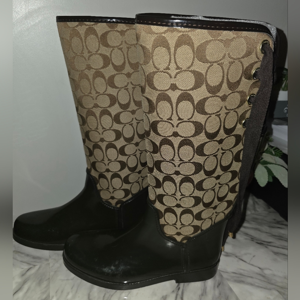 Coach Brown and Black Monogram Rain Boots
